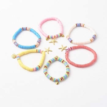 Handmade Polymer Clay Heishi Beads Stretch Bracelets, with Brass Spacer Beads and Alloy Pendants, Mixed Shape, Mixed Color, Inner Diameter: 1-3/4~1-7/8 inch(4.5~4.8cm)