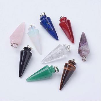 Natural & Synthetic Gemstone Pendants, with Platinum Tone Brass Findings, Cone/Spike/Pendulum, 43~45x16mm, Hole: 5x7mm