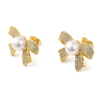 Bowknot Brass Micro Pave Clear Cubic Zirconia Stud Earrings, with Imitation Pearl for Women, Real 16K Gold Plated, 17x22.5mm