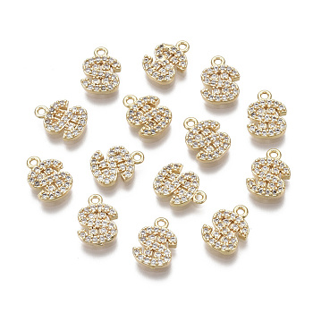 Brass Micro Pave Clear Cubic Zirconia Charms, Nickel Free, Letter S, Real 18K Gold Plated, 10x7x2mm, Hole: 1mm