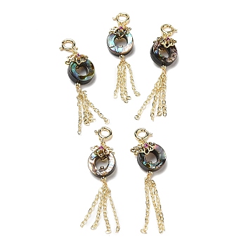 Natural Abalone Shell/Paua Shell Donut Pendant Decoration, Brass Chains Tassel Ornament with Rhinestone and Lobster Claw Clasps, Real 14K Gold Plated, 46mm