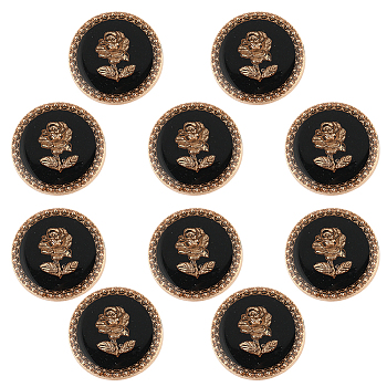 10Pcs 1-Hole Alloy Enamel Buttons, Flat Round with Rose Pattern, Black, 22x9mm, Hole: 2.5mm