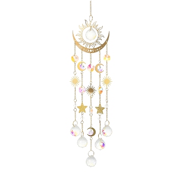 Quartz Crystal & Brass Pendant Decorations, with Iron Findings, Sun, Golden, 445mm, Pendants: 290x21mm