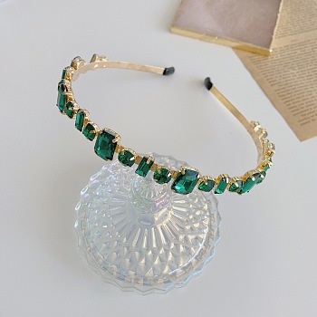 Glass Rhinestone Hair Bands, Golden Tone Iron Hair Accessories for Women Girls, Emerald, 150x130mm