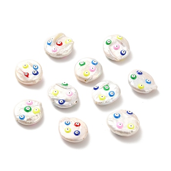 Natural Baroque Pearl Keshi Pearl Beads, with Colorful Enamel, Flat Round with Evil Eye, Seashell Color, 17~21x16~17x6.5mm, Hole: 0.9~1mm