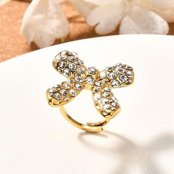 Bowknot 304 Stainless Steel Rhinestone Cuff Rings for Women, Real 18K Gold Plated, Crystal, Inner Diameter: 17mm