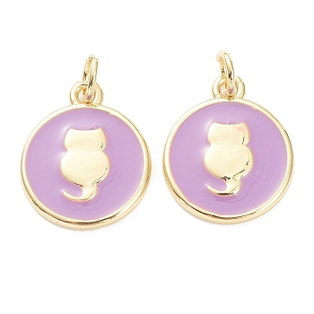 Brass Enamel Pendants, Long-Lasting Plated, Real 18K Gold Plated, Flat Round with Cat, Violet, 15.5x12.5x2mm, Hole: 3mm