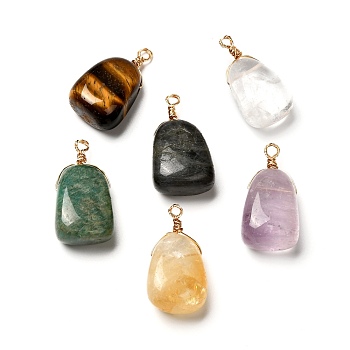 Natural Mixed Gemstone Pendants, with Real 18K Gold Plated Eco-Friendly Copper Wire Findings, Teardrop, 33~36x17.5~20x13~14mm, Hole: 2.6~3mm