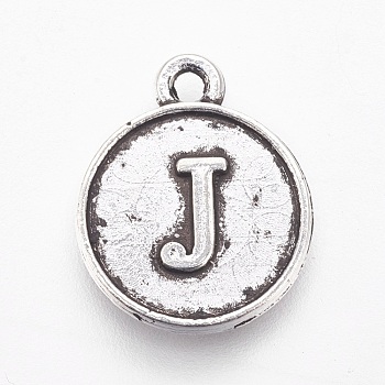 Tibetan Style Alloy Charms, Flat Round with Letter, Antique Silver, Letter.C, 15x12.5x2mm, Hole: 1.5mm