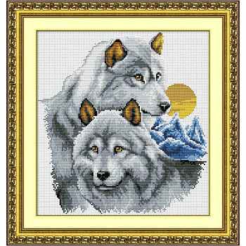 Wolf & Sun Pattern Cross-Stitch Beginner Kits, including Printed Fabric & Thread, Needle, Instruction Sheet, Light Grey, 420x390mm