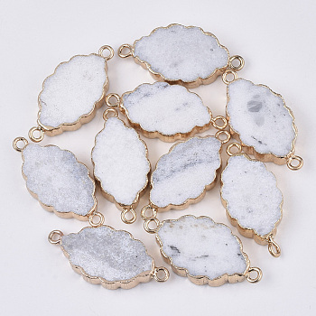 Natural White Jade Links connectors, with Edge Golden Plated Iron Loops, Oval, 39x18x5.5mm, Hole: 2mm