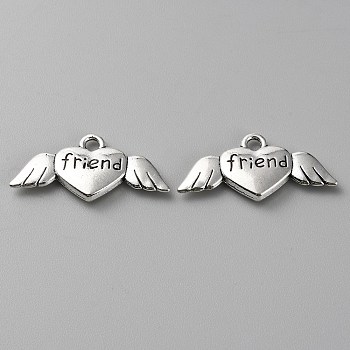 Tibetan Style Alloy Pendants,  Heart Wing with Word Charms, Antique Silver, 12.5x26.5x3mm, Hole: 2mm