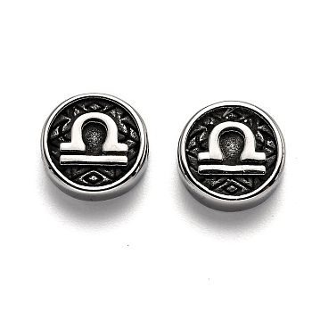 304 Stainless Steel Beads, Flat Round with Twelve Constellations, Antique Silver, Libra, 10x4mm, Hole: 1.8mm