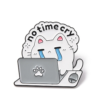 No Time Cry Workaholic Cat Enamel Pins, Black Alloy Lapel Pin Backs for Backpack Clothes, White, 29.5x31mm