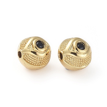 Brass Micro Pave Cubic Zirconia Beads, Round with Eye, Golden, Black, 7.5~8mm, Hole: 1.4mm