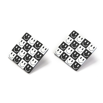 Resin Stud Earrings, with 925 Sterling Silver Pins, Rhombus, Platinum, Smiling Face Pattern, 41x41mm, Pin: 0.6mm, Side Length: 30mm