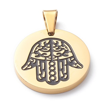 Ion Plating(IP) 304 Stainless Steel Pendants, with Enamel, Polishing, Flat Round with Hamsa Hand/Hand of Miriam, Golden, 25x3mm, Hole: 7.5x5mm