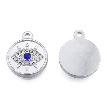 304 Stainless Steel Pendants, with Montana Rhinestone, Flat Round with Eye, Stainless Steel Color, 19x15.5x3mm, Hole: 1.6mm