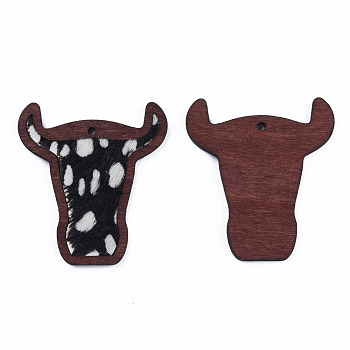 Eco-Friendly Cowhide Leather Big Pendants, with Dyed Wood, Cow's Head with Leopard , White, 55x50x3mm, Hole: 2.5mm