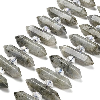 Natural Labradorite Double Terminated Point Beads Strands, with Glass Beads, Faceted Bullet, 31~33x7~9x7~9mm, Hole: 1mm, about 26~27pcs/strand, 15.16~15.75''(38.5~40cm)