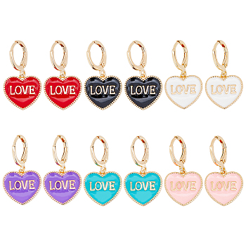 12Pcs 6 Colors Heart with Word Love Enamel Dangle Leverback Earrings, Golden Brass Jewelry for Women, Mixed Color, 28mm, Pin: 1mm, 2Pcs/color