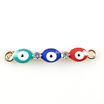 Alloy Enamel Connector Charms, with Crystal Rhinestone, Triple Evil Eye Links, Golden, Colorful, 5x34mm(X1-FIND-TAC0016-27A)