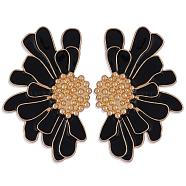 Vintage Flower Stud Earrings for Women, Alloy Enamel Half Flower Stud Earrings, Summer Earrings Boho Beach Floral Stud Earrings, Jewelry Gifts for Women, Black, 50.5~51x33.5~34mm, Pin: 0.6mm(JE1095C)
