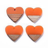 Opaque Resin & Walnut Wood Pendants, Two Tone, Heart, Coral, 24x25x3mm, Hole: 2mm(RESI-T035-36B)