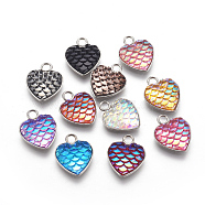 304 Stainless Steel Pendants, with Resin, Heart with Fish Scale Shape, Stainless Steel Color, Mixed Color, 16x13x3.5mm, Hole: 2mm(STAS-F184-B)