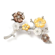 Peach Blossom Flower Natural Dyed White Shell Brooches for Women, with Platinum Tone Brass Branch, Colorful, 29x48x9.5mm(JEWB-E031-03P-03)