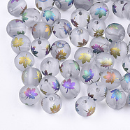 Autumn Theme Electroplate Transparent Glass Beads, Frosted, Round with Maple Leaf Pattern, Colorful, 8~8.5mm, Hole: 1.5mm(EGLA-S178-01E)
