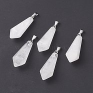 Natural Quartz Crystal Pointed Pendants, Rock Crystal Pendants, with Platinum Plated Brass Loops, Bullet, 35.3~38x13~14mm, Hole: 6.5x2.8mm(G-I314-02P-20)