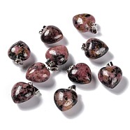 Natural Rhodonite Pendants, with Platinum Brass Loops, Heart, 18~19x15~15.5x6~8mm, Hole: 6x2.5~3mm(G-I311-A14)