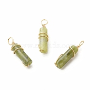 Natural Taiwan Jade Pendants, with Light Gold Tone Eco-Friendly Copper Wire Wrapped, Column, 20~21x5~5.5mm, Hole: 2.3~2.8mm(PALLOY-JF01453-06)