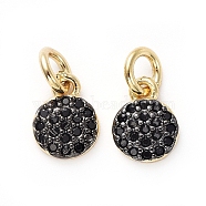 Brass Micro Pave Black Cubic Zirconia Charms, with Jump Rings, Flat Round, Gunmetal & Golden, 8x6x2mm, Hole: 3mm(KK-I658-51)