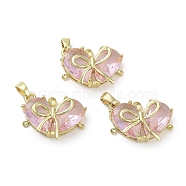 Real 18K Gold Plated Brass Glass Pendants, Heart with Bowknot Charm, Lead Free & Cadmium Free, Long-Lasting Plated, Misty Rose, 14x19x6mm, Hole: 2.5x4mm(KK-R161-02G-01)