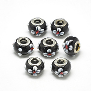 Handmade Lampwork European Beads, Bumpy Lampwork, with Platinum Brass Double Cores, Large Hole Beads, Rondelle with Flower, Black, 16x14x10.5mm, Hole: 5mm(X-LAMP-Q029-03K)