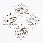 Undyed Natural Wooden Big Pendants, Laser Cut, for Christmas, Star with Bell, Antique White, 84x84x3mm, Hole: 3.5mm(X-WOOD-S058-004)