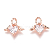 Brass Micro Pave Clear Cubic Zirconia Charms, Long-Lasting Plated, with Jump Rings, Heart with Wing, Real Rose Gold Plated, 8x12x3mm, Hole: 3mm(ZIRC-O035-26RG)