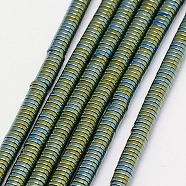 Electroplate Non-magnetic Synthetic Hematite Beads Strands, Heishi Beads, Flat Round/Disc, Grade A, Green Plated, 2x1mm, Hole: 1mm, about 400pcs/strand, 16 inch(G-J164A-2mm-08)