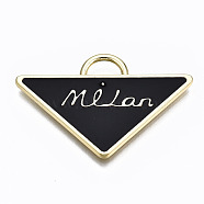 Alloy Enamel Pendants, Triangle with Word Milan, Cadmium Free & Lead Free, Light Gold, Black, 23.5x36x2mm, Hole: 3.5x6mm(PALLOY-T067-204LG-1-RS)