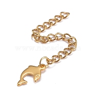 304 Stainless Steel Chain Extender, Curb Chain, with 202 Stainless Steel Charms, Dolphin, Golden, 65mm, Link: 3.7x3x0.5mm, Dolphin: 12.5x6.5x0.7mm(STAS-F268-32G)