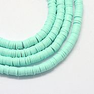 Handmade Polymer Clay Heishi Beads, Disc/Flat Round, Aquamarine, 8x0.5~1mm, Hole: 2mm, about 380~400pcs/strand, 17.7 inch(X-CLAY-R067-8.0mm-20)