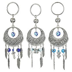 Handmade Lampwork Evil Eye Pendant Keychain, with 304 Stainless Steel Split Key Rings & Alloy Findings, Flat Round with Feather, Heart/Cross/Butterfly, Mixed Shapes, 14cm, 3pcs/set(KEYC-JKC00535)