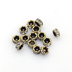 Brass Rhinestone Spacer Beads, Grade AAA, Straight Flange, Nickel Free, Antique Bronze Metal Color, Rondelle, Crystal, 4x2mm, Hole: 1mm(X-RB-A014-Z4mm-01AB-NF)