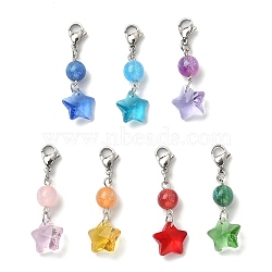 Glass Star Pendant Decorations, with Resin Round Beads and 304 Stainless Steel Lobster Claw Clasps, Mixed Color, 42mm, 7pcs/set(HJEW-JM01151)