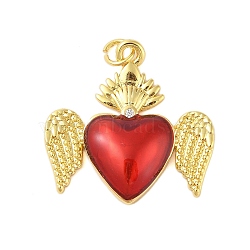 Rack Plating Brass Enamel Pendants, with Jump Ring Cubic Zirconia, Cadmium Free & Lead Free, Heart with Wing Charm, FireBrick, 26x26x4.5mm, Hole: 3mm(KK-S380-33G-C)