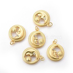 Brass Pendants, with Micro Pave Cubic Zirconia, Long-Lasting Plated, Flat Round with Moon & Sun, Clear, Real 18K Gold Plated, 23x19.5x5mm, Hole: 3mm(KK-F783-03G)