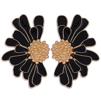 Vintage Flower Stud Earrings for Women, Alloy Enamel Half Flower Stud Earrings, Summer Earrings Boho Beach Floral Stud Earrings, Jewelry Gifts for Women, Black, 50.5~51x33.5~34mm, Pin: 0.6mm
