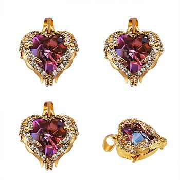 4Pcs Brass Rhinestone Pendants, Heart, Golden, Light Amethyst, 16x15.5x8mm, Hole: 3x5.5mm